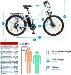 HITWAY 26 Inch E-bike, Elektrische Fiets Voor Heren En Dames, Pedelec Stadsfietsen, 250 W Motor, 36 V/11,2 Ah E-bike, Shimano 7 Versnellingen, 35-90 Km| Wit / Blauw -Fiets Verkoop Winkel 1135x1200