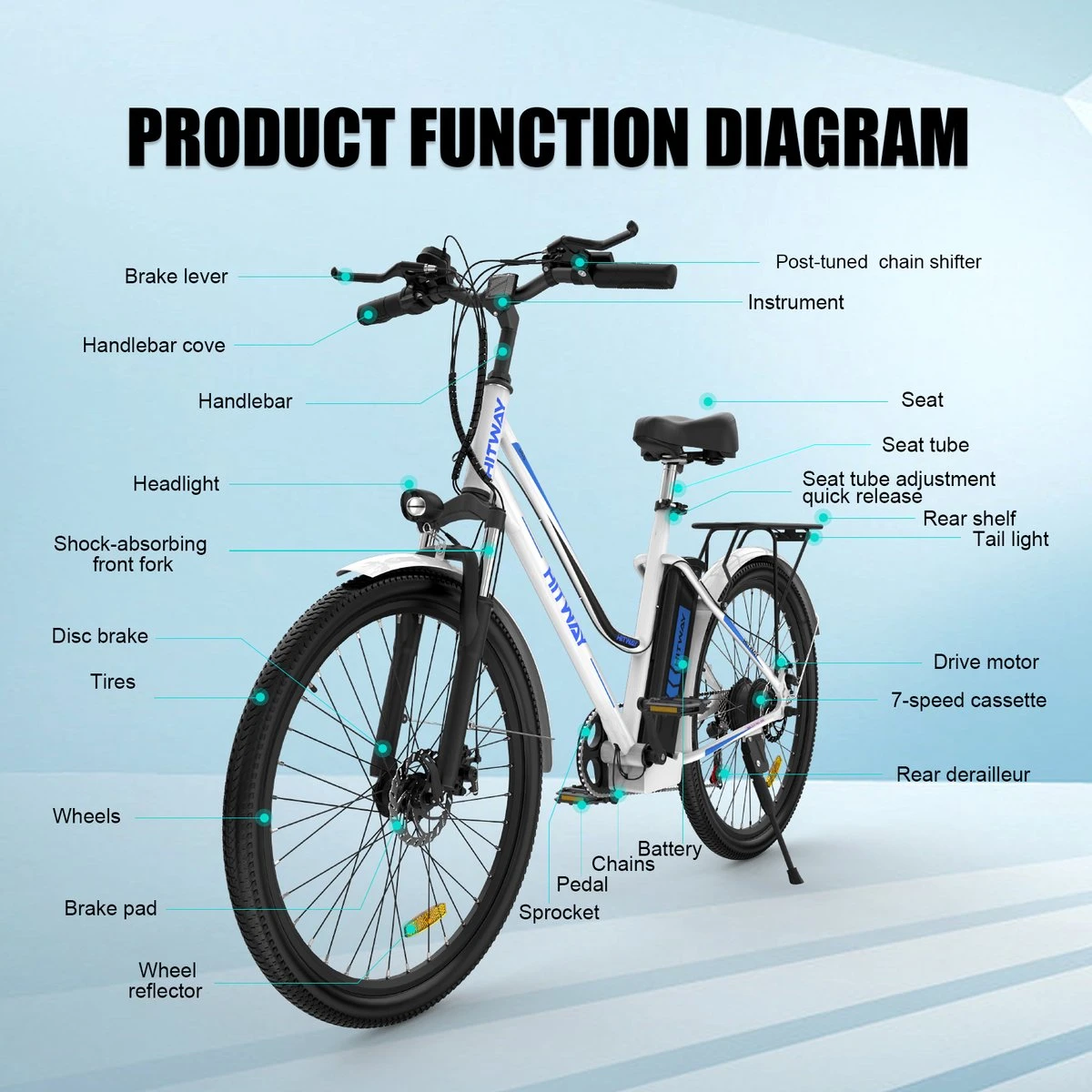 Hitway Elektrische Fiets | E-bike Damesfiets | 26 Inch | 250W Motor | Wit 6 Hitway Elektrische Fiets | E-bike Damesfiets | 26 Inch | 250W Motor | Wit - Afbeelding 6