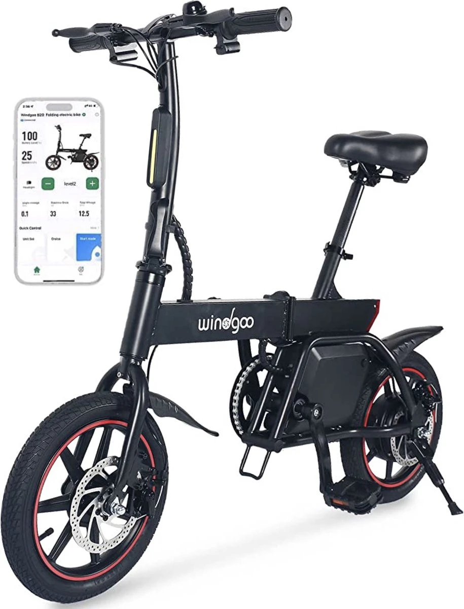 Windgoo B20 V2 - Smart E Bike - APP IOS Android - Elektrische Vouwfiets Zonder Gashandel - 250W - 14 Inch - 25 KM/H - Zwart